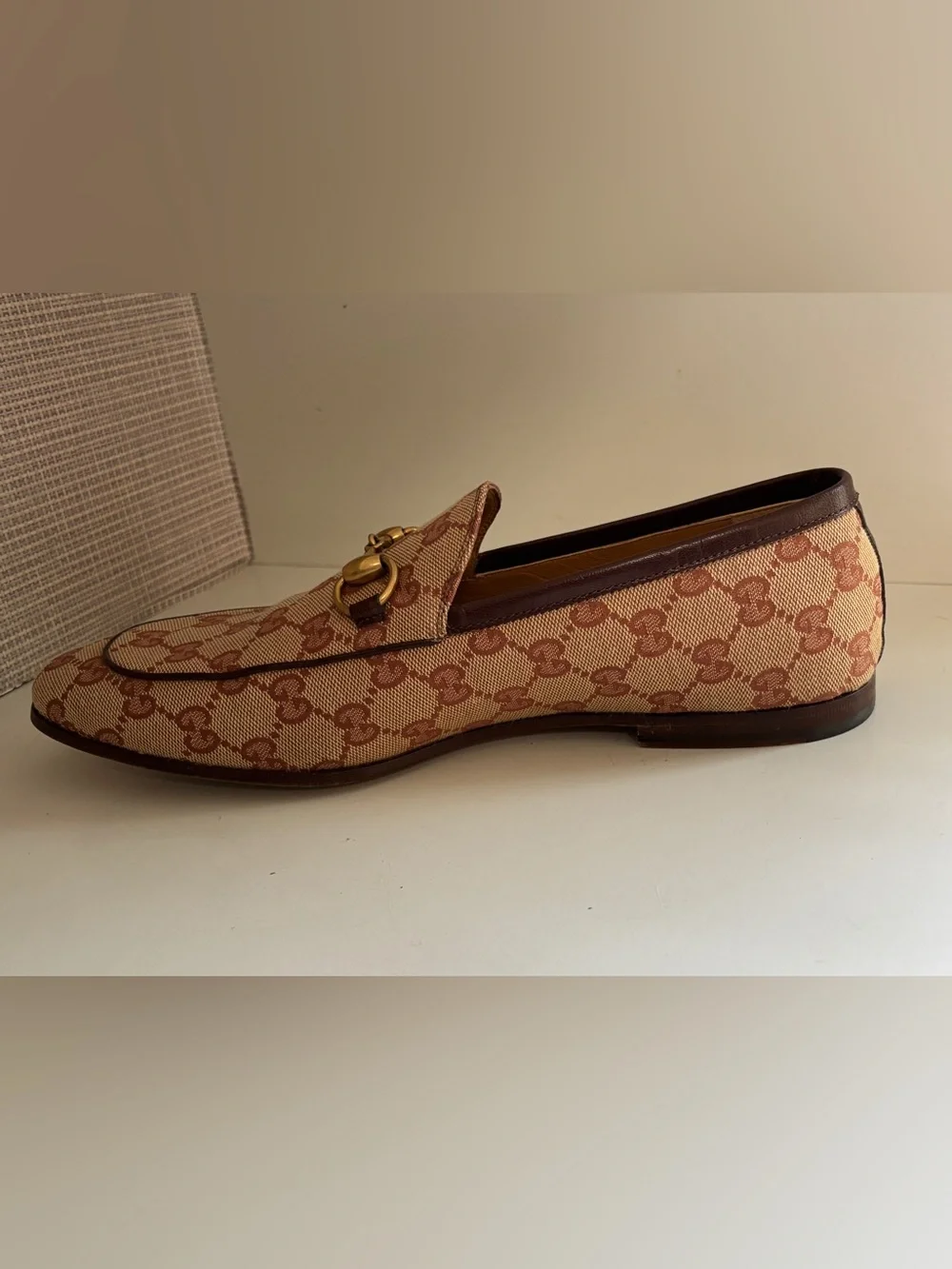 Gucci Men’s Beige/Brown GG Canvas Horsebit Loafers US 8 Authentic
